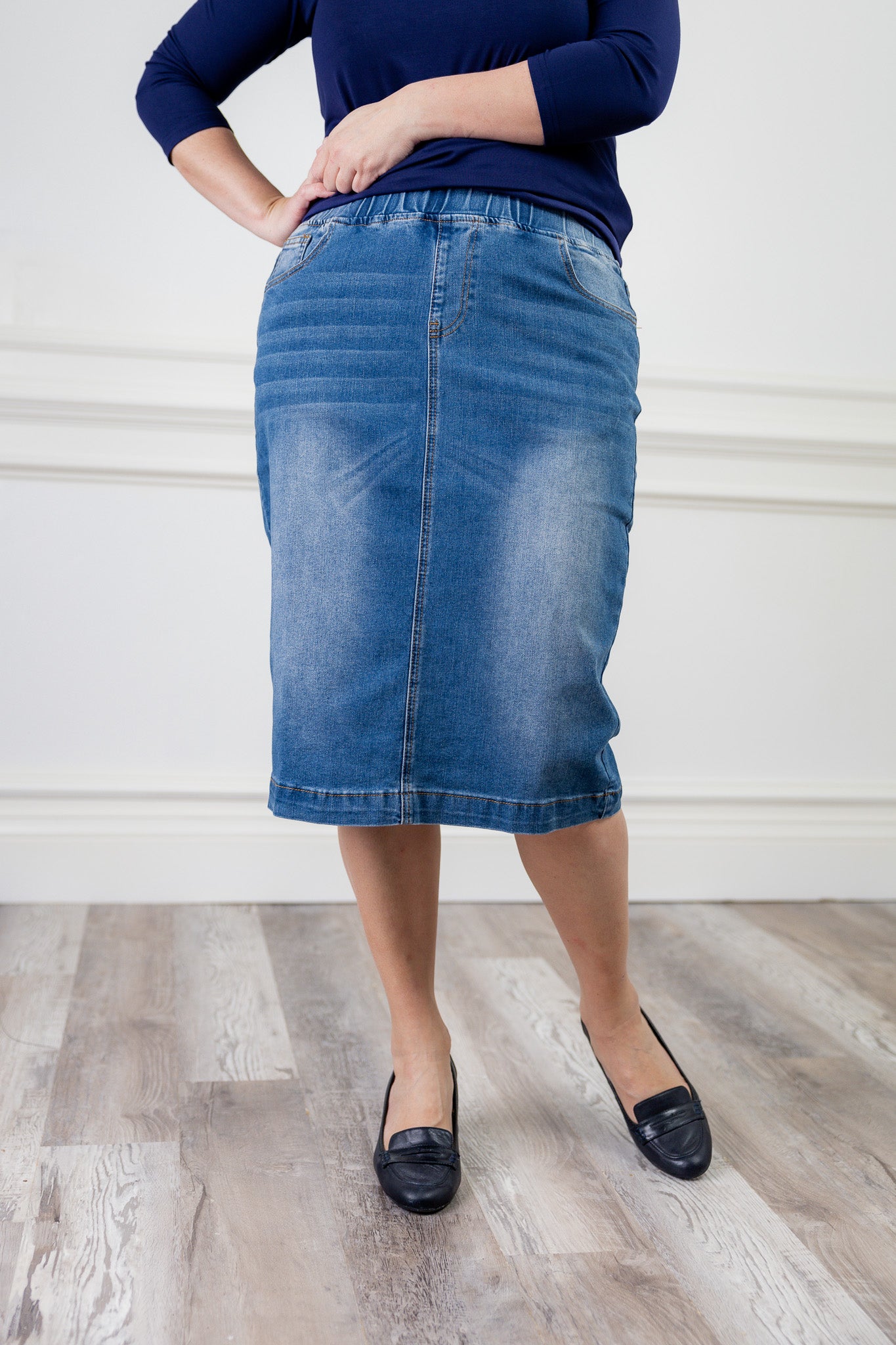 modest denim skirts in 27" length