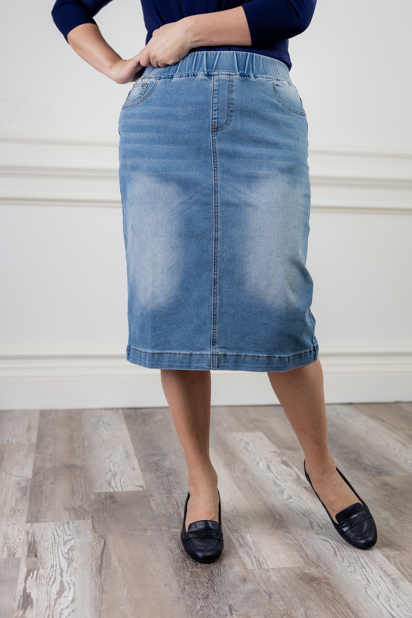 modest denim skirts in 27" length