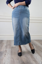 modest denim skirts in 34" length 