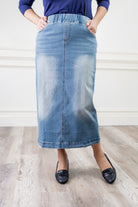 modest denim skirts in 34" length 