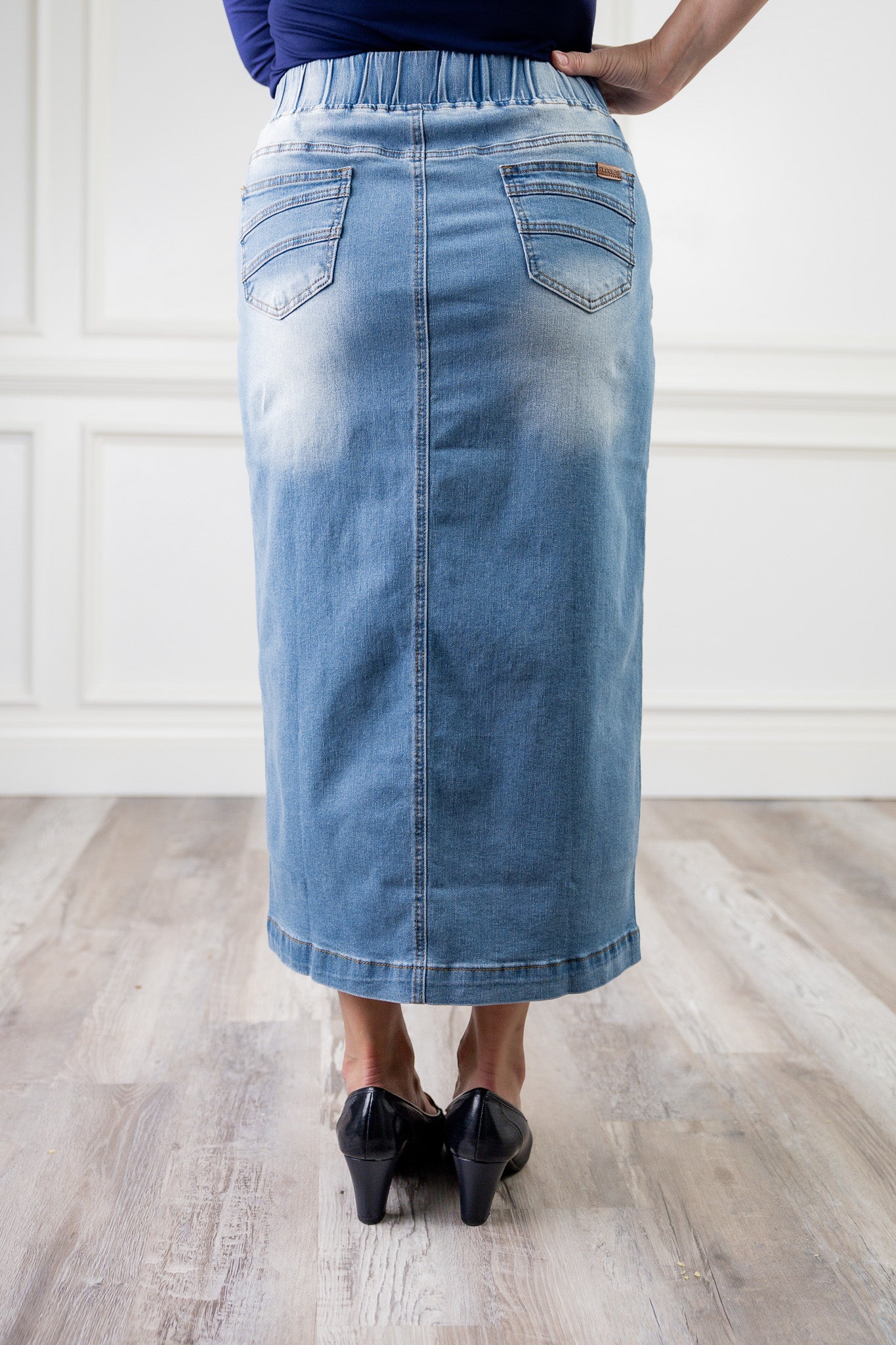 modest denim skirts in 34" length 