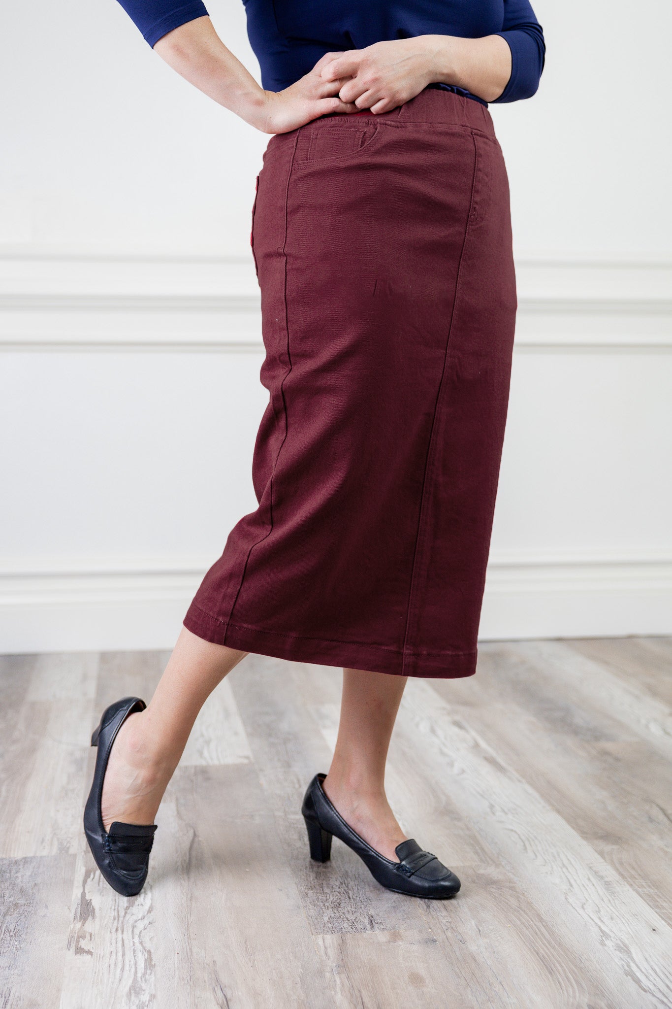 modest denim skirts in 31" length