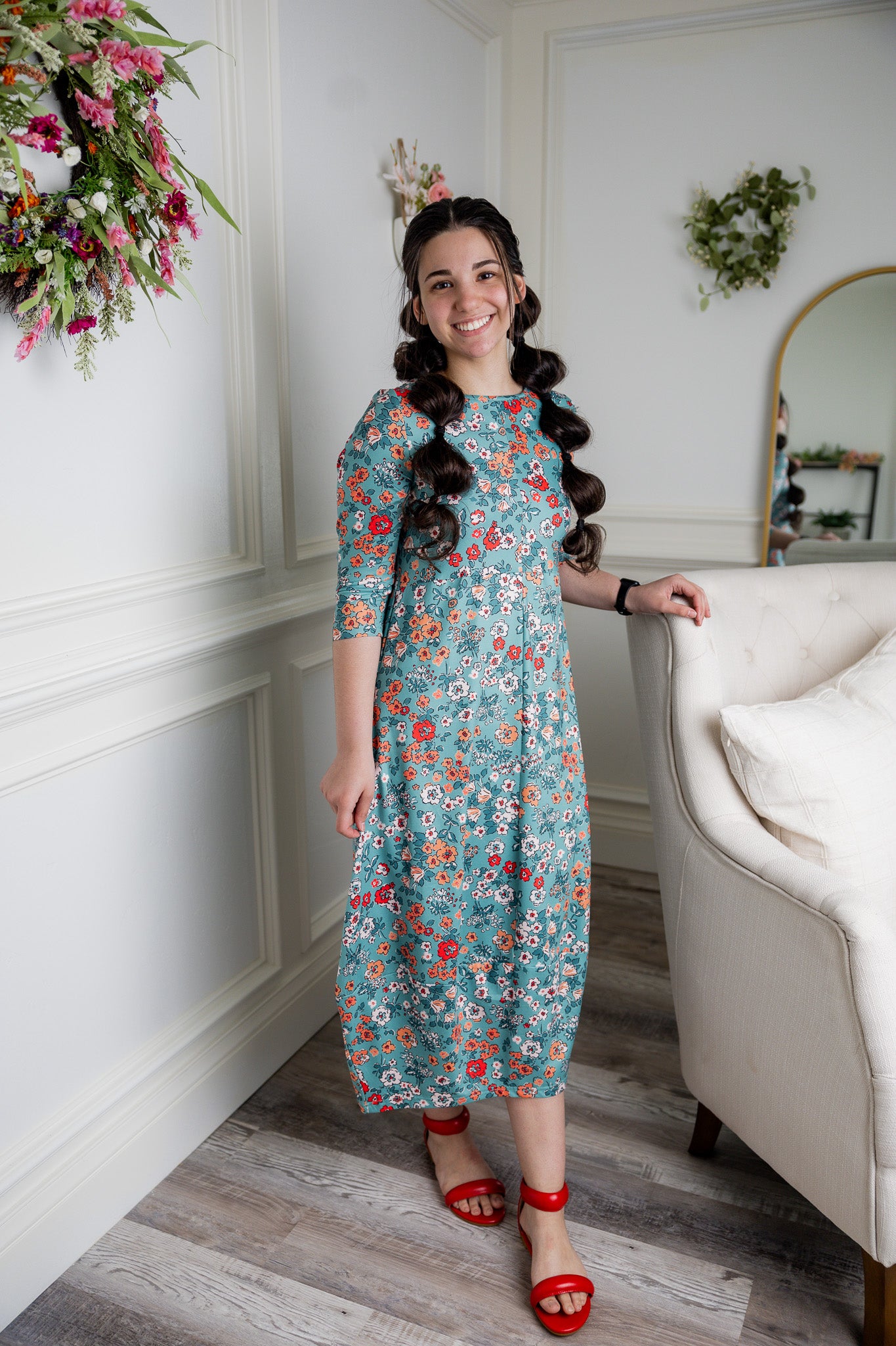 modest bubble dress pretty prints with 3/4 sleeves