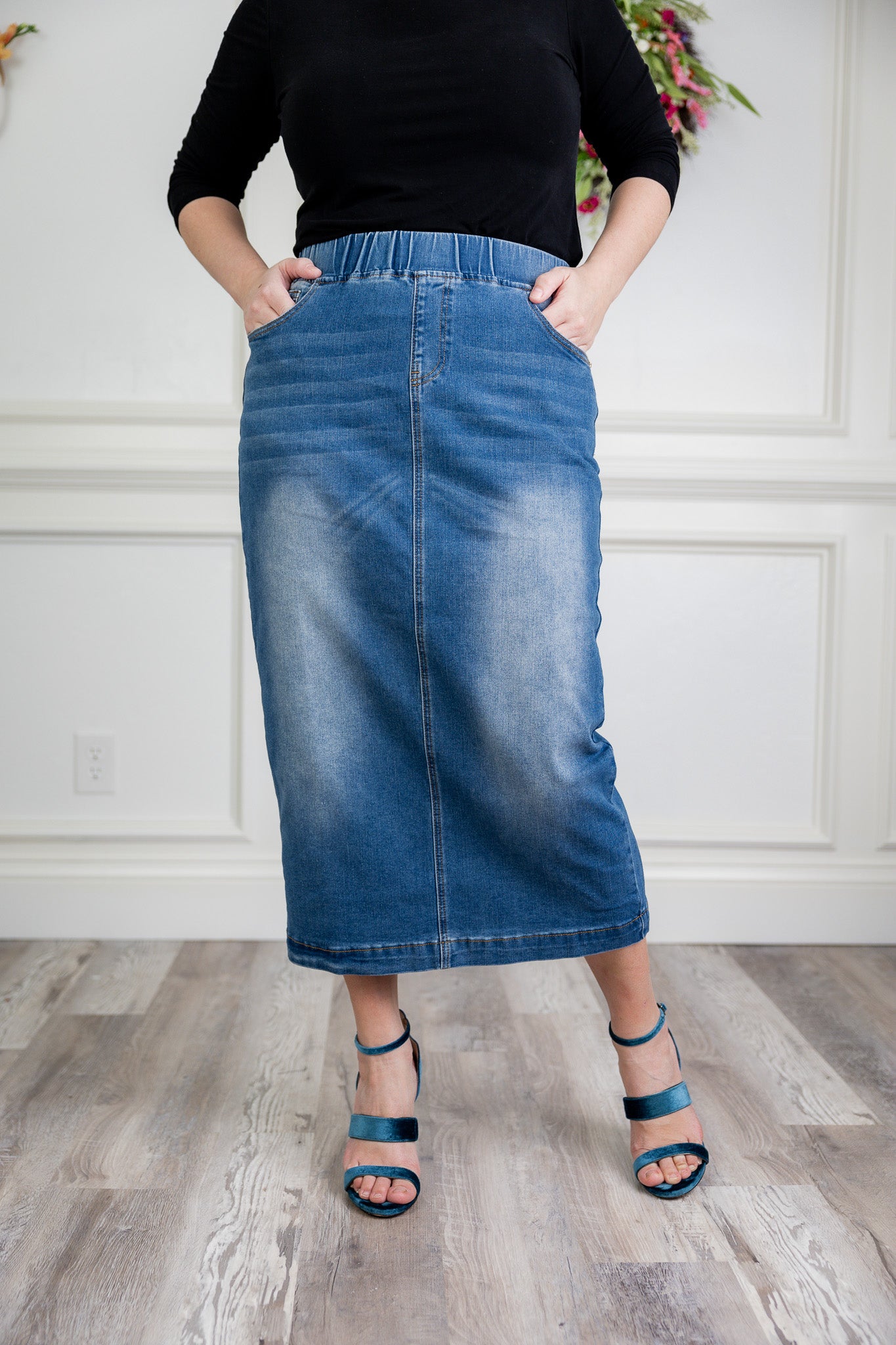 modest denim skirts in 34" length 