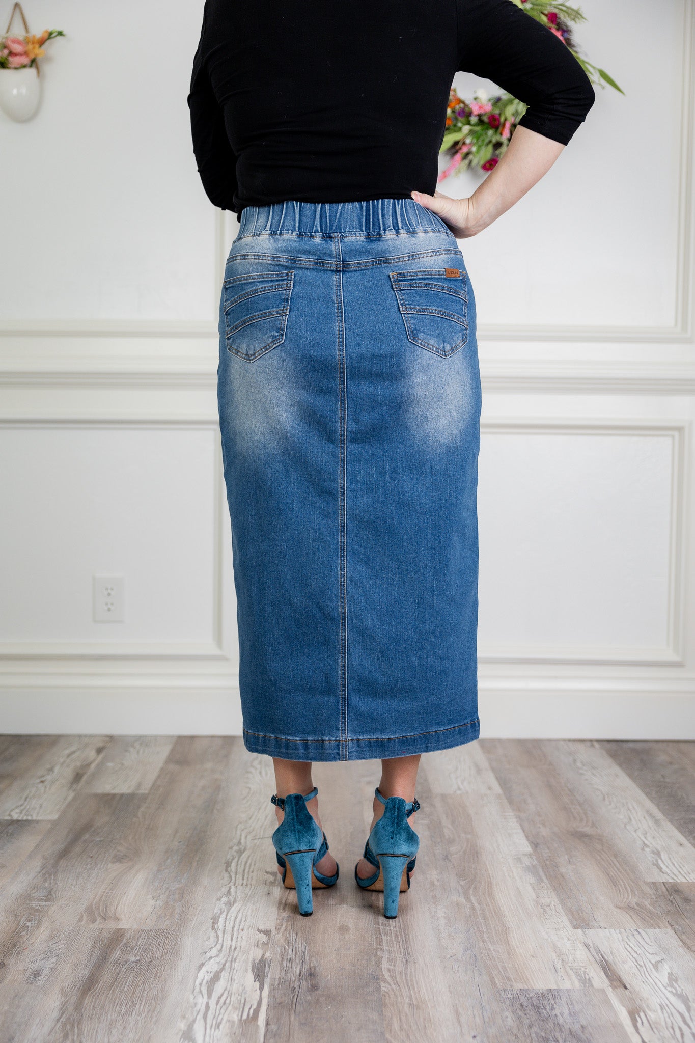 modest denim skirts in 34" length 