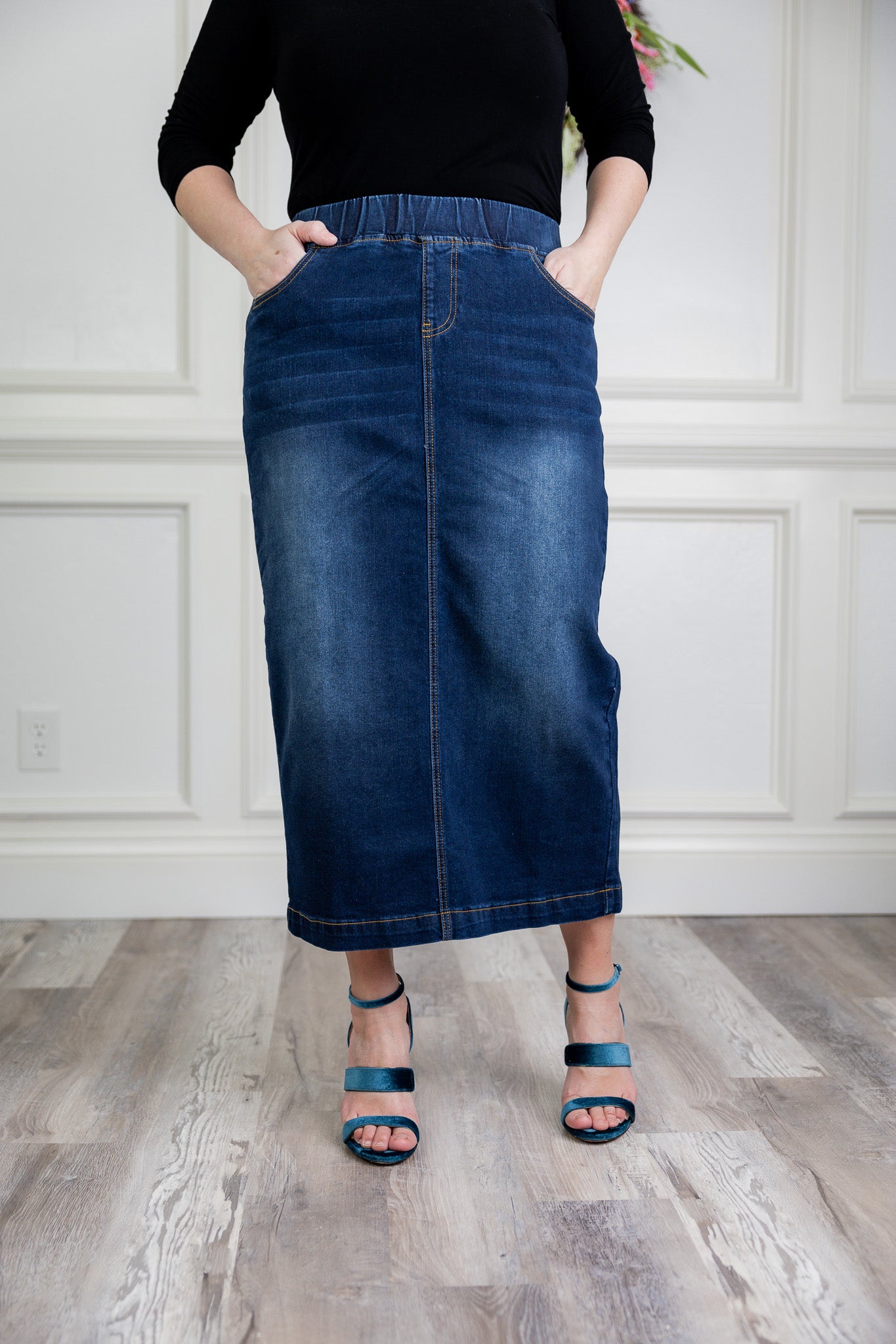 modest denim skirts in 34" length 