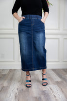 modest denim skirts in 34" length 