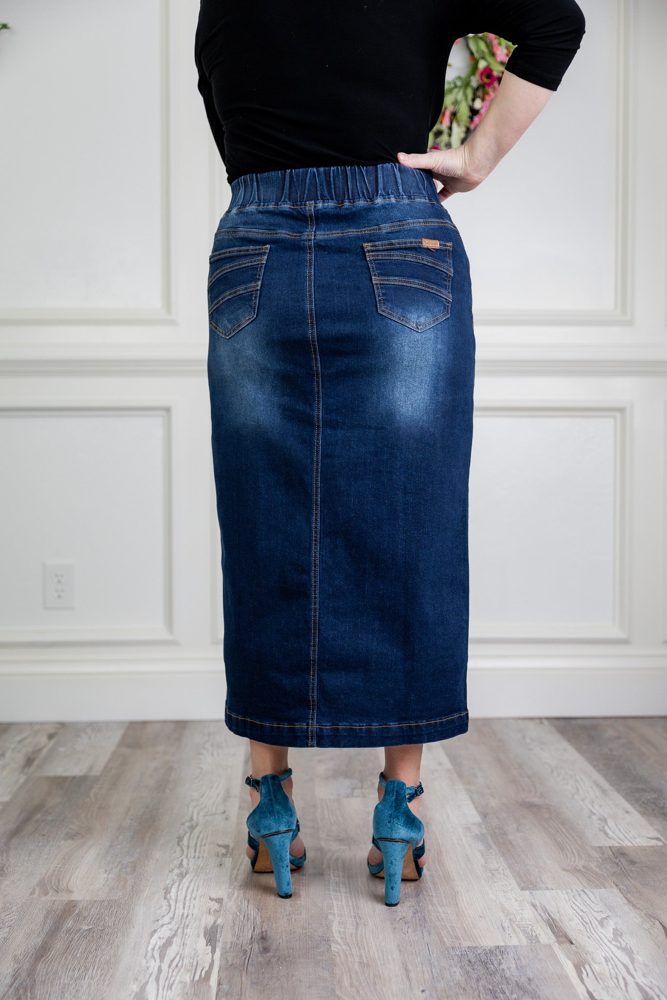 modest denim skirts in 34" length 