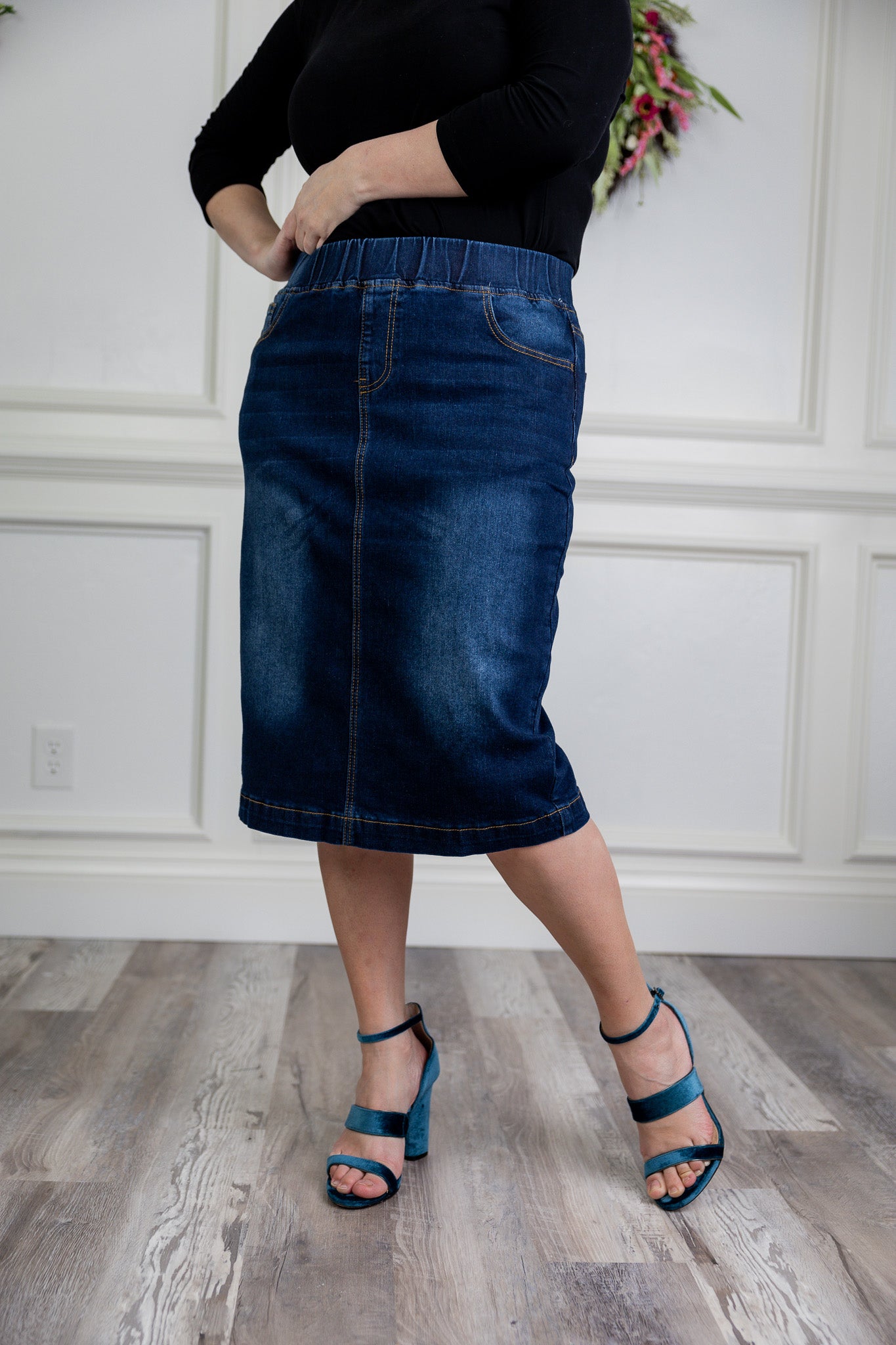 modest denim skirts in 27" length