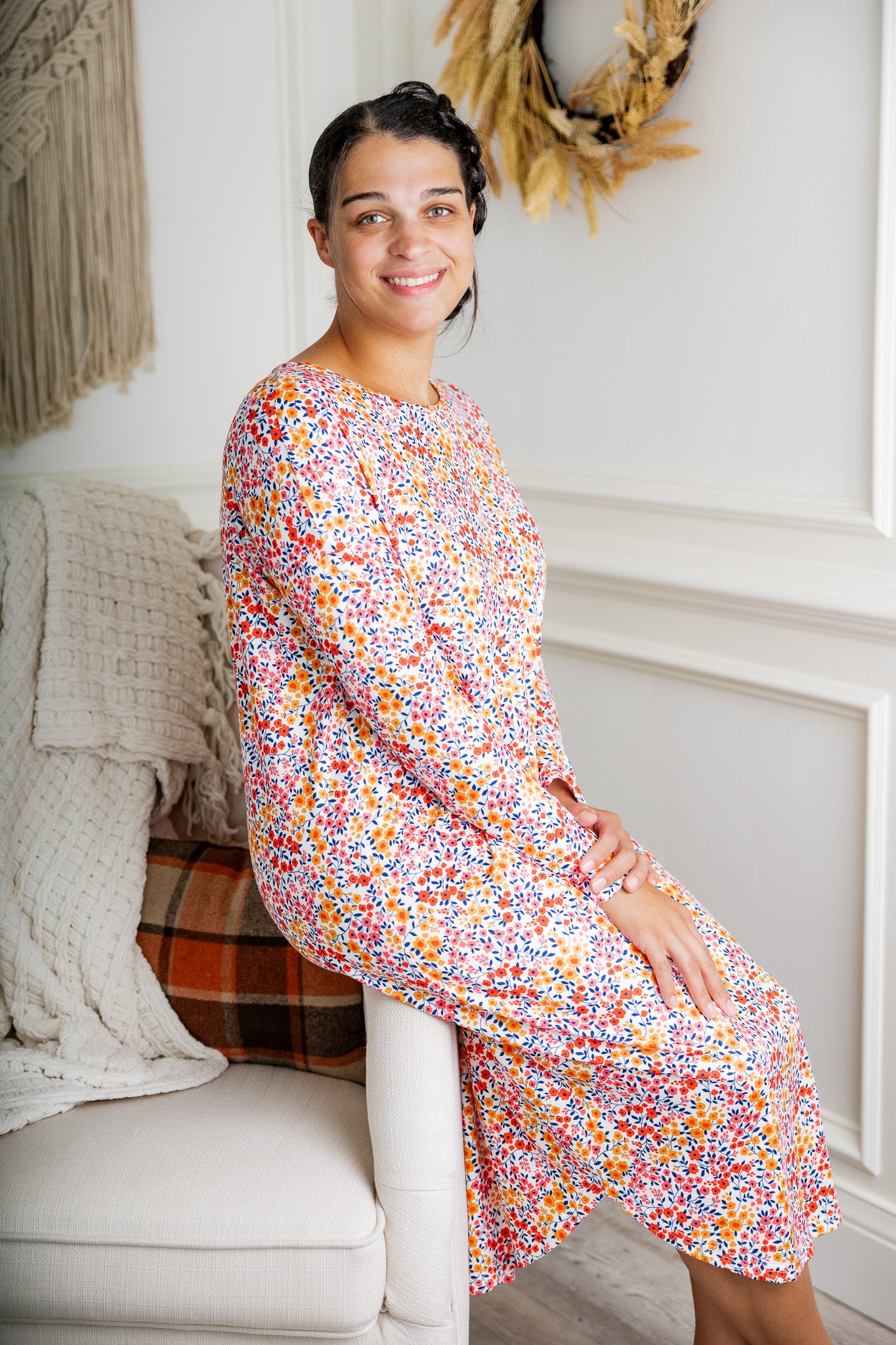 modest long sleeve shirt-tail dress pretty prints