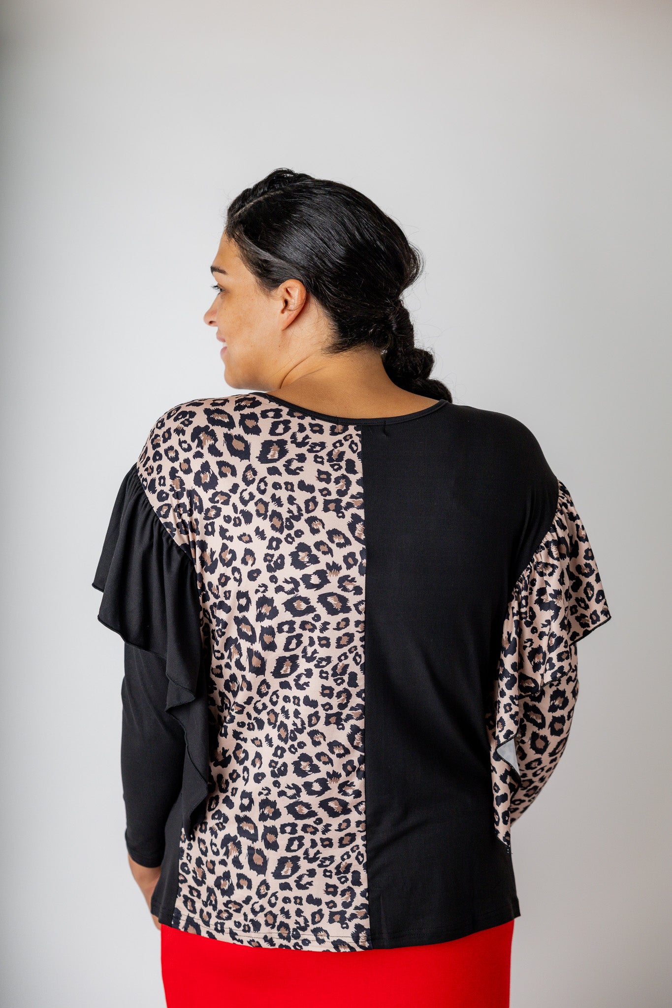 modest long sleeve top with contrasting prints