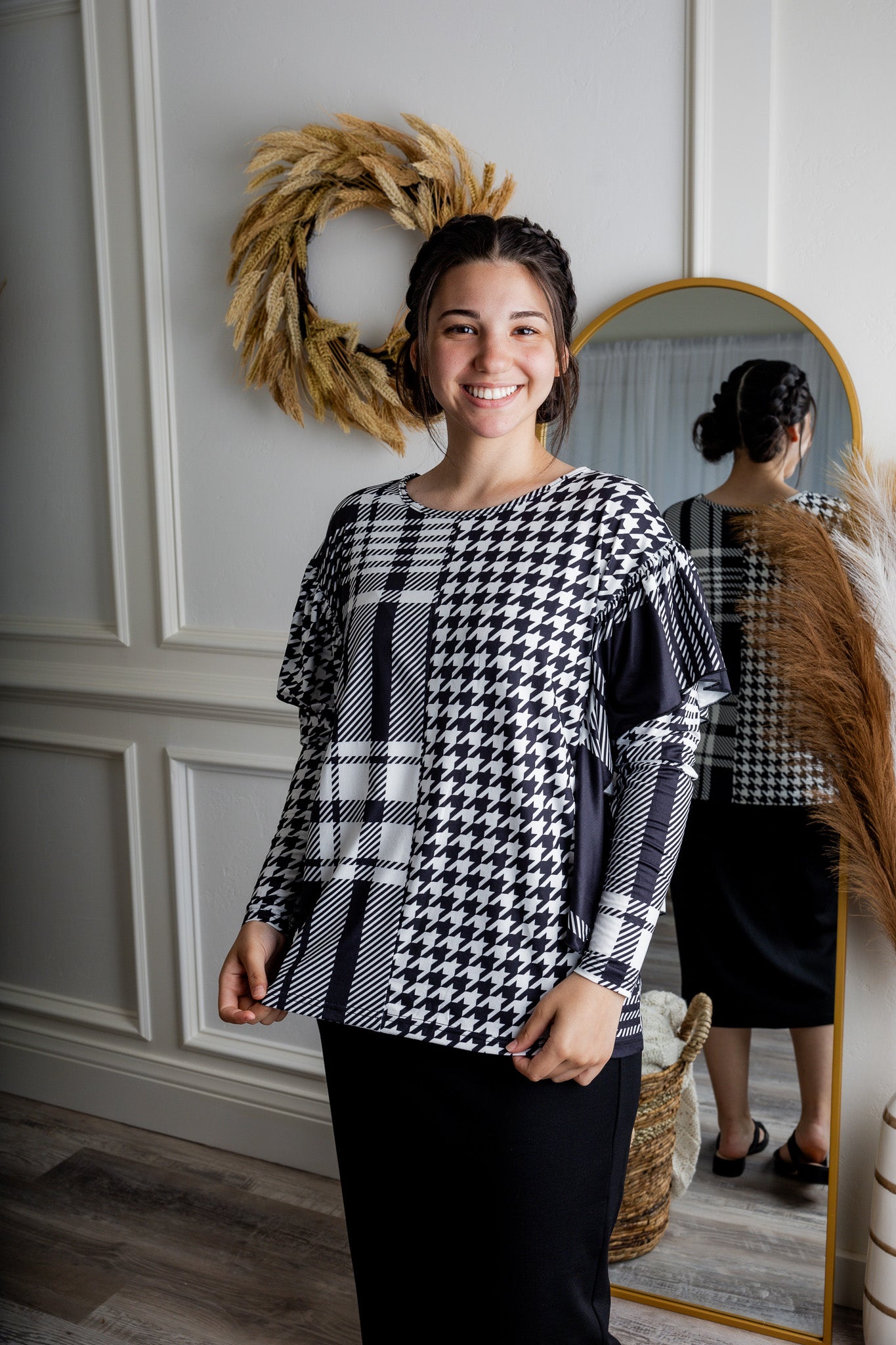 modest long sleeve top with contrasting prints