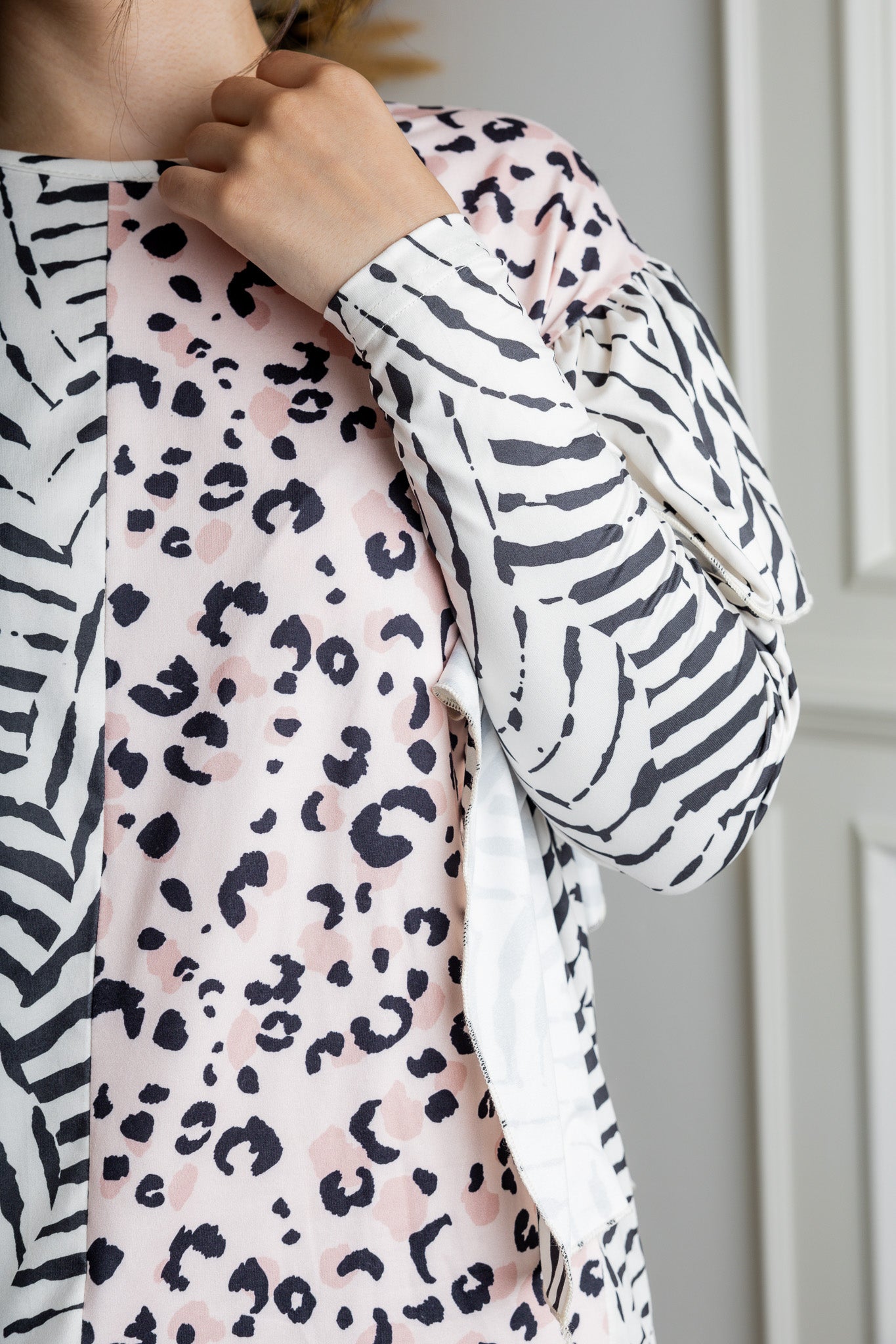 modest long sleeve top with contrasting prints