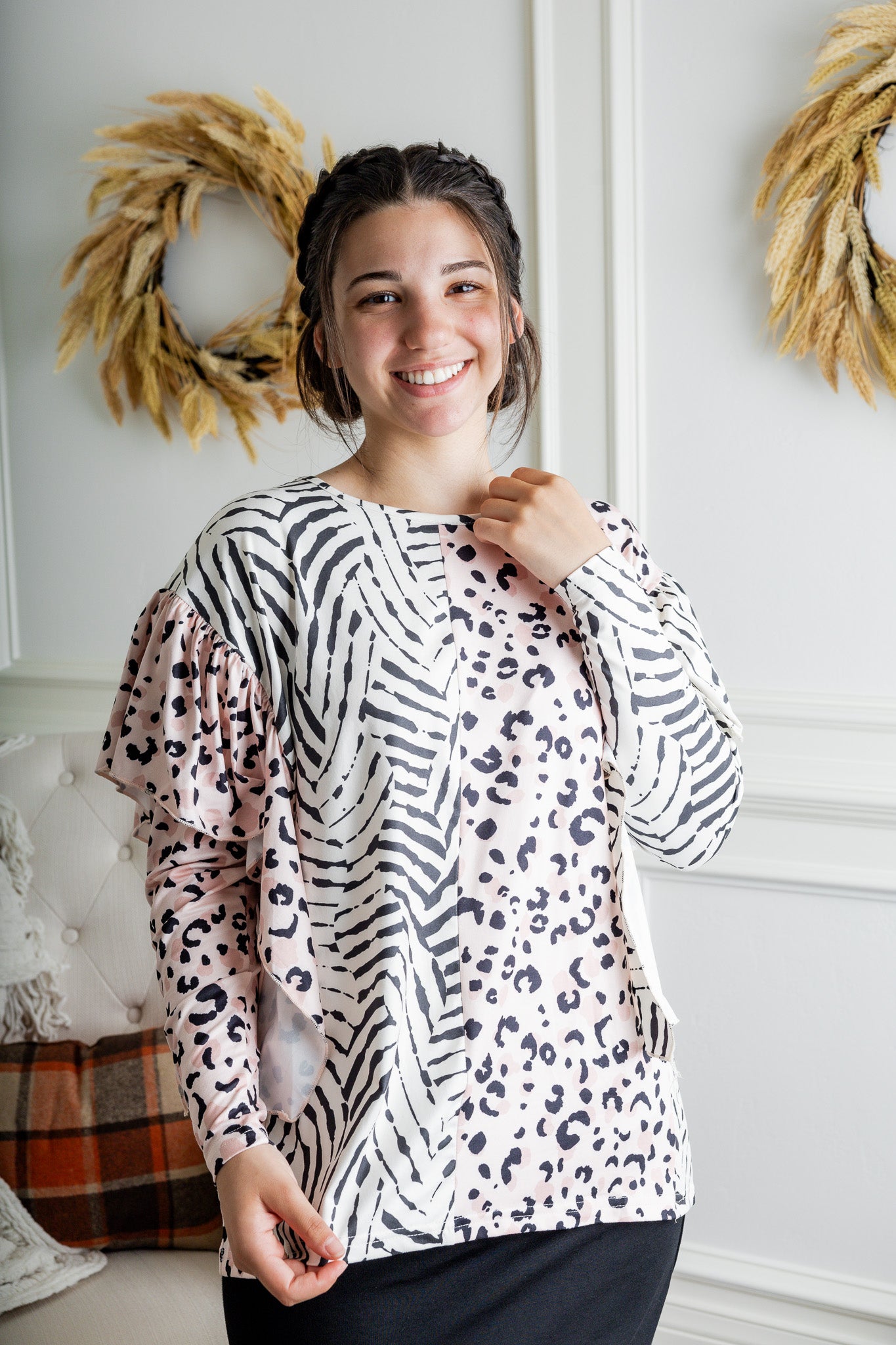 modest long sleeve top with contrasting prints