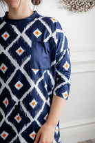 3/4 sleeve modest top with front pocket prints