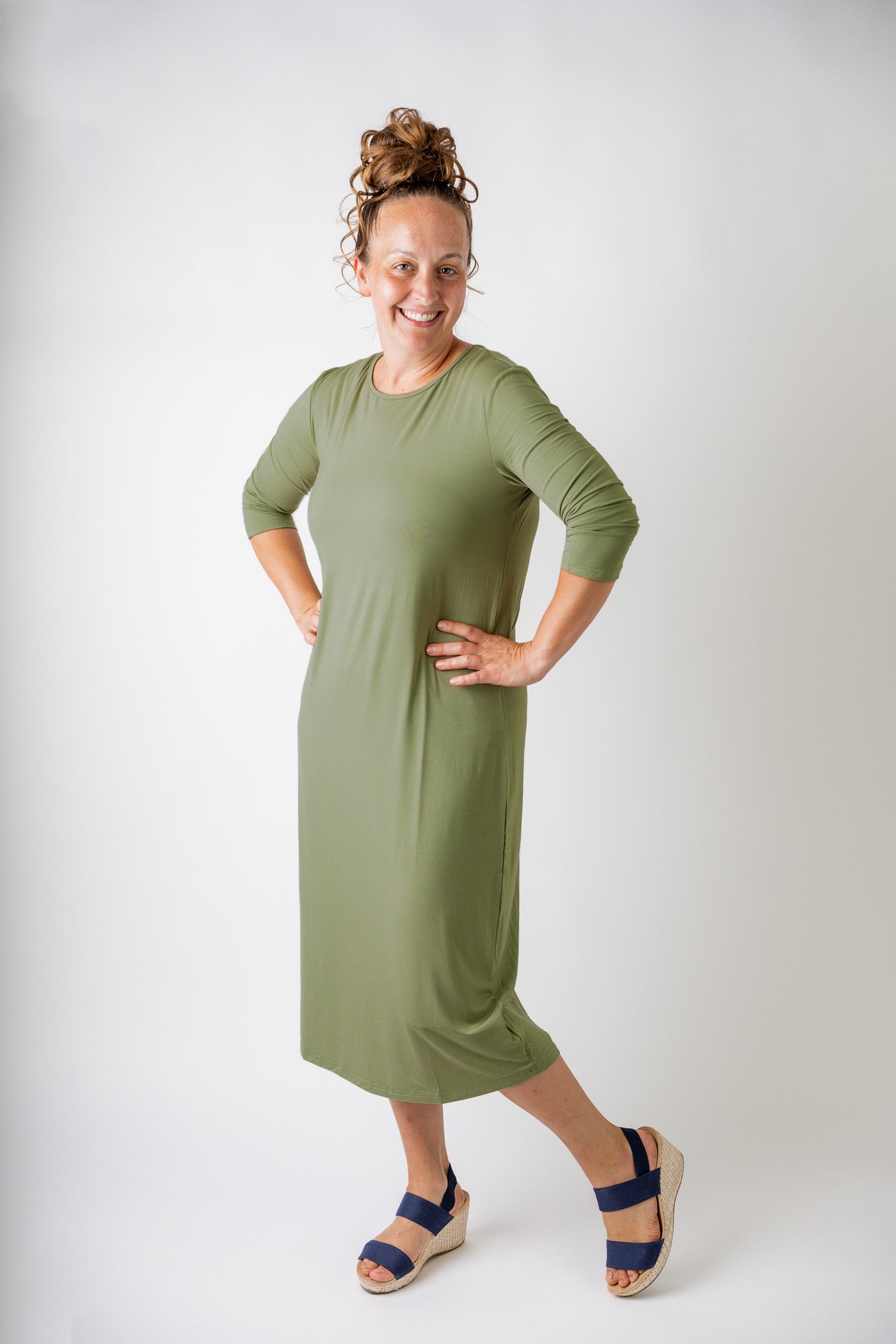 modest midi essential layering dress soft solid colors