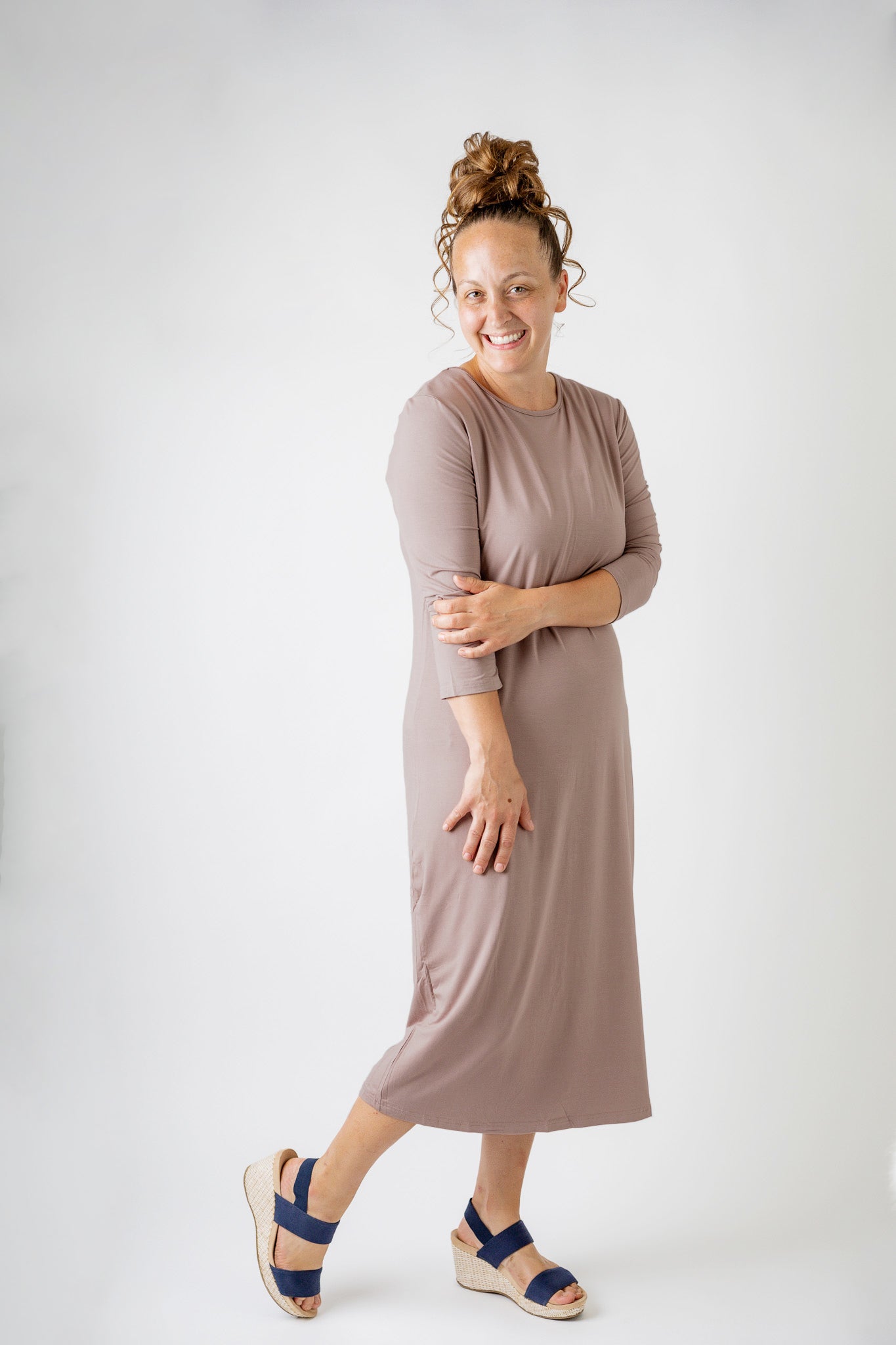 modest midi essential layering dress soft solid colors